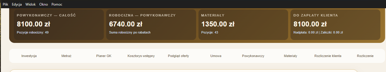Górne podsumowanie i zakładki BudManager Windows